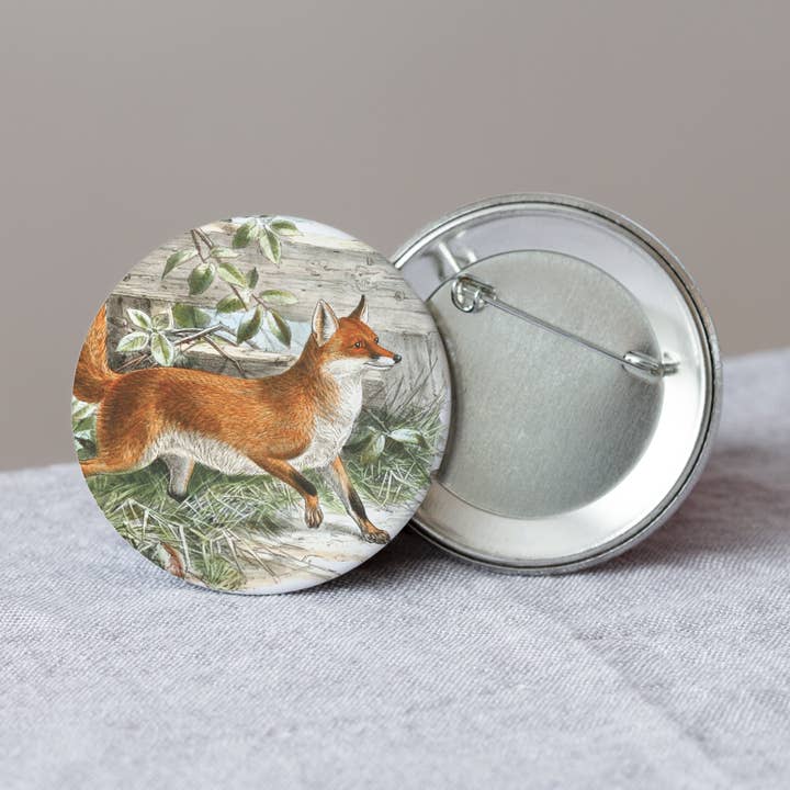 Fox Button - Stor rund pin - Woodland gave for engroshandel hos The Zoologist Archives