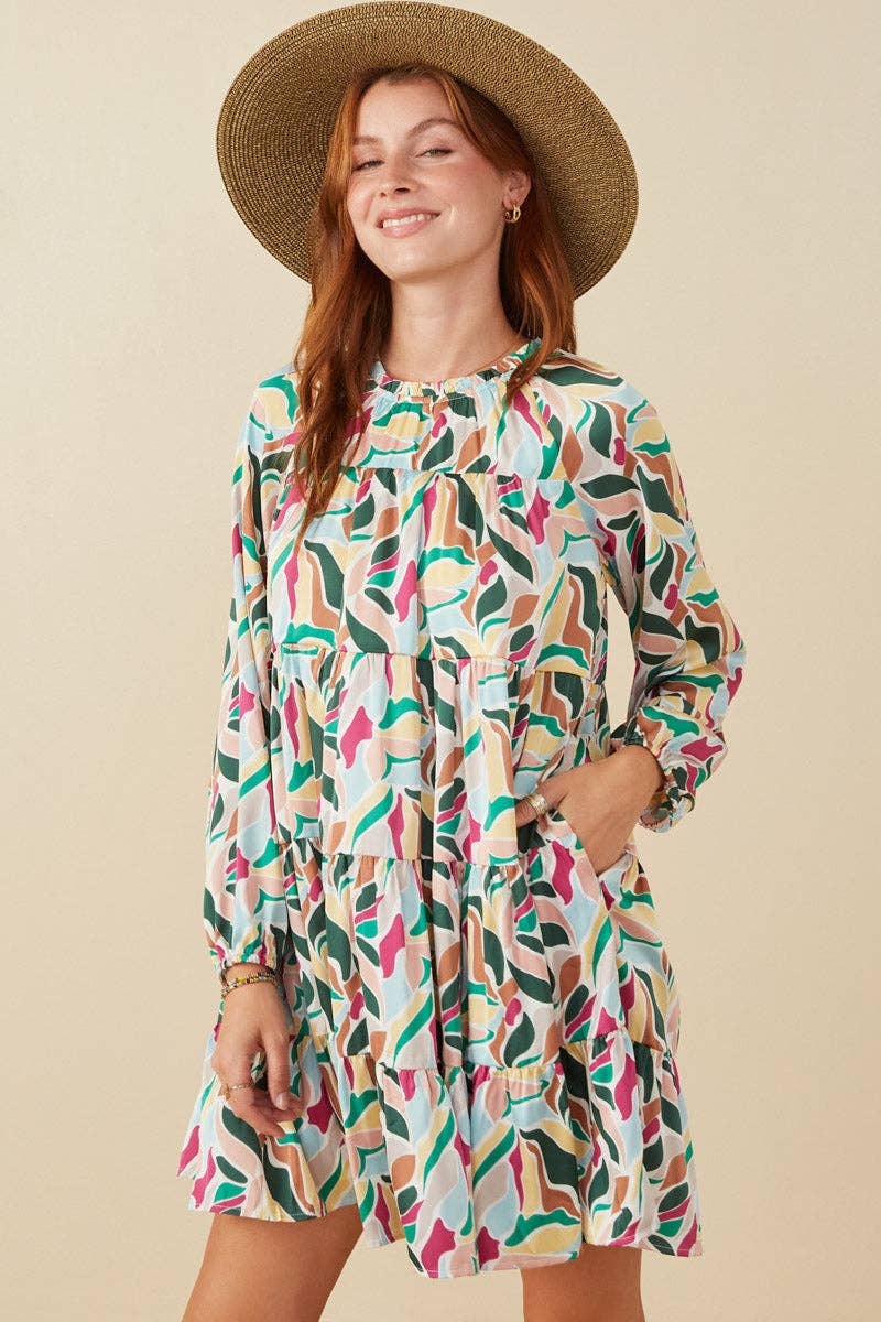 Magenta Mix Womens Abstract Floral Tiered Ruffle Neck Satin Dress for wholesale on Faire1