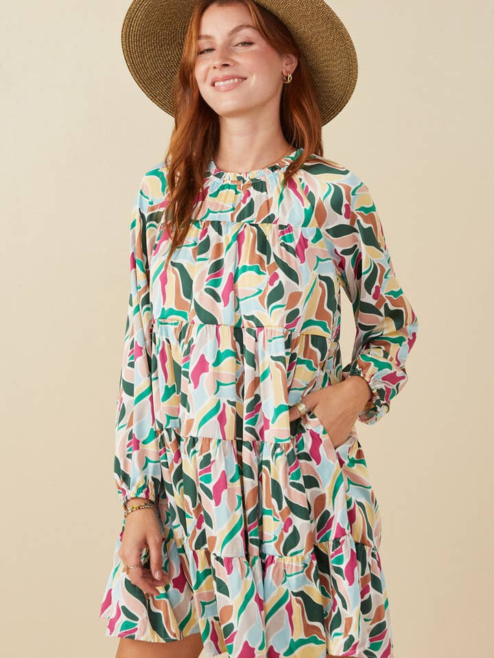 Magenta Mix Womens Abstract Floral Tiered Ruffle Neck Satin Dress for wholesale on Faire1