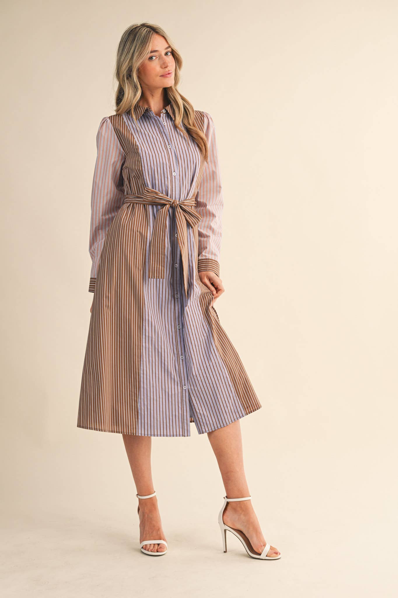 COCOA BLUE MULTI MIXED STRIPE BELTED BUTTON DOWN MIDI DRESS MDR4303 for wholesale on Faire8