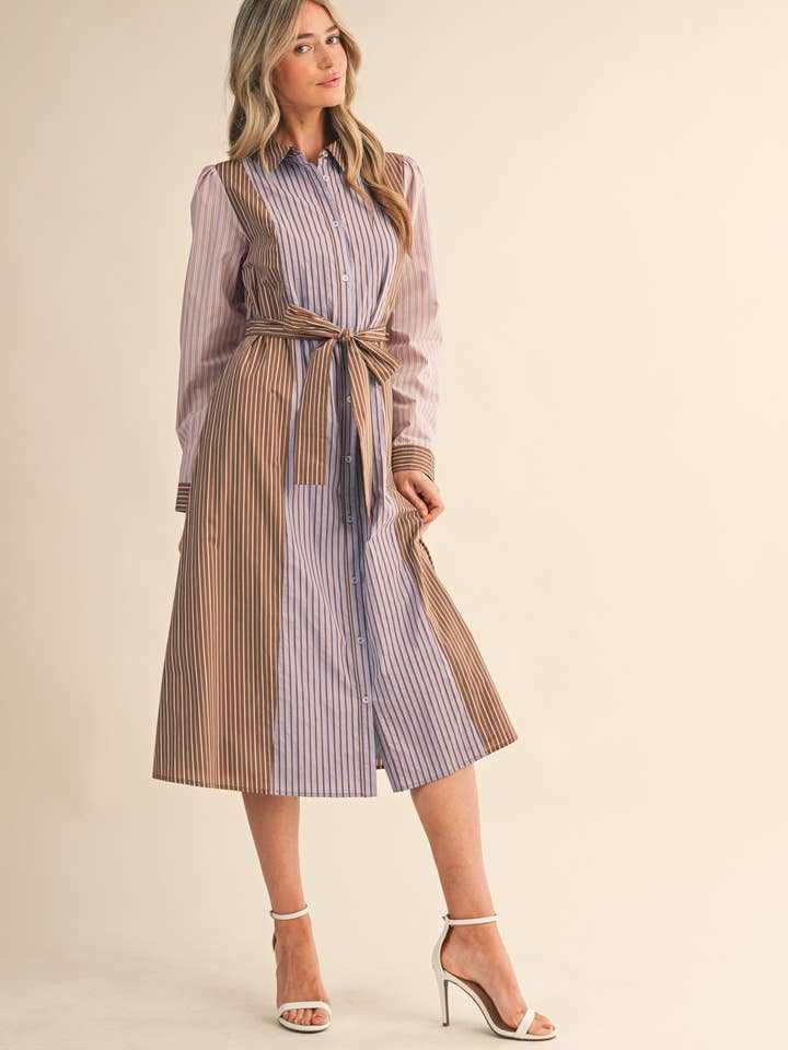 COCOA BLUE MULTI MIXED STRIPE BELTED BUTTON DOWN MIDI DRESS MDR4303 for wholesale on Faire8