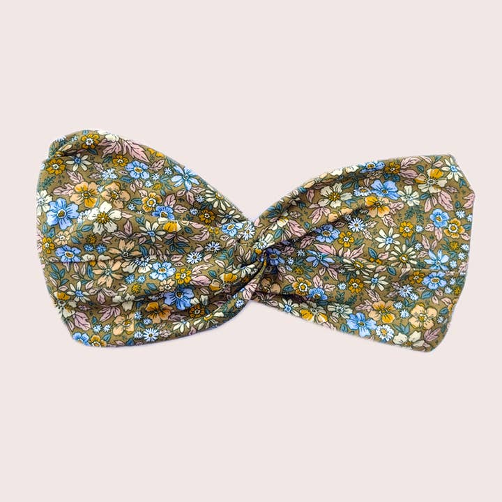 HEADBAND FIONA/khaki organic cotton with flower print for wholesale by Laure Derrey