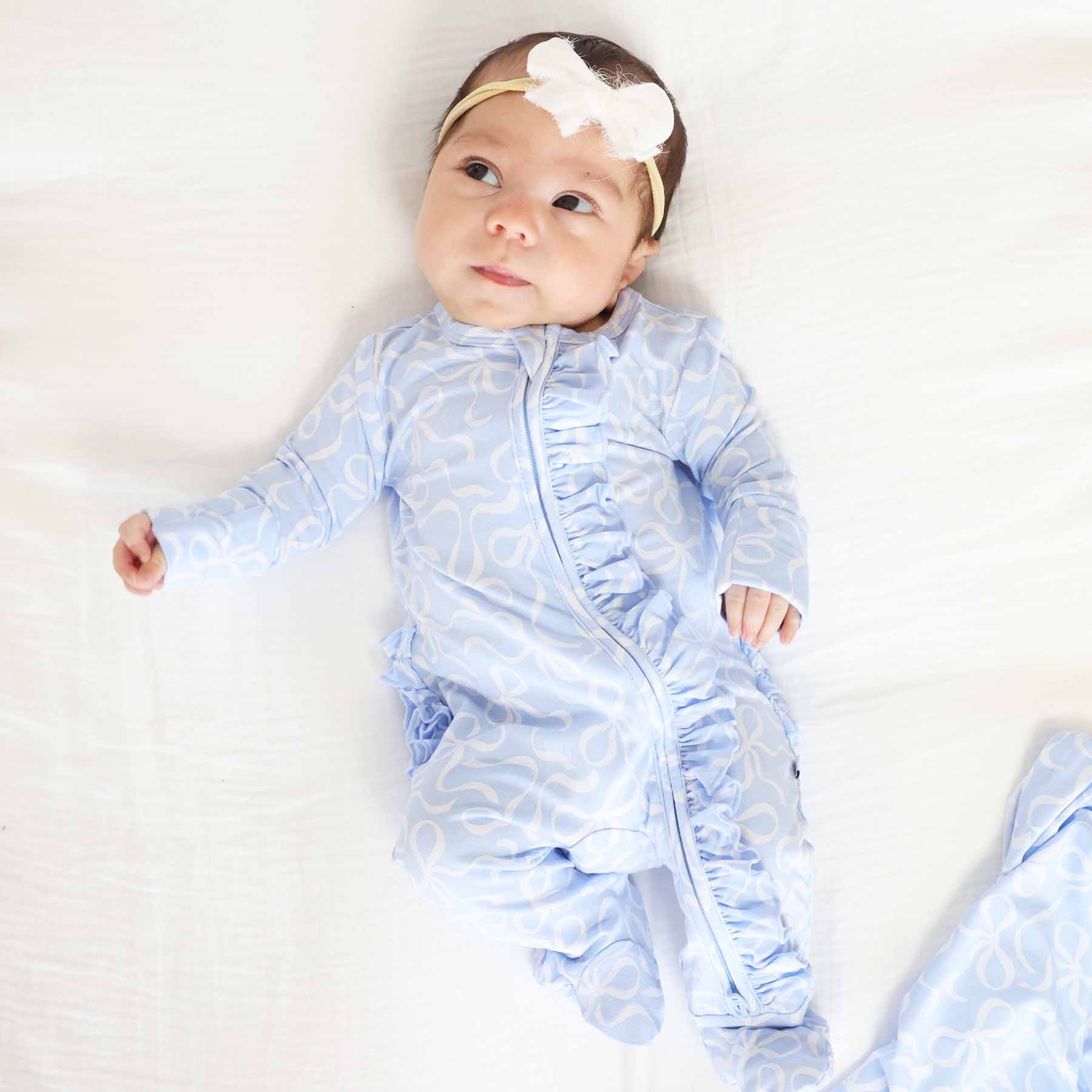 Caden Lane - Wholesale Jumpsuit - Baby - Blue-tiful Bows Ruffle Zipper Footie11