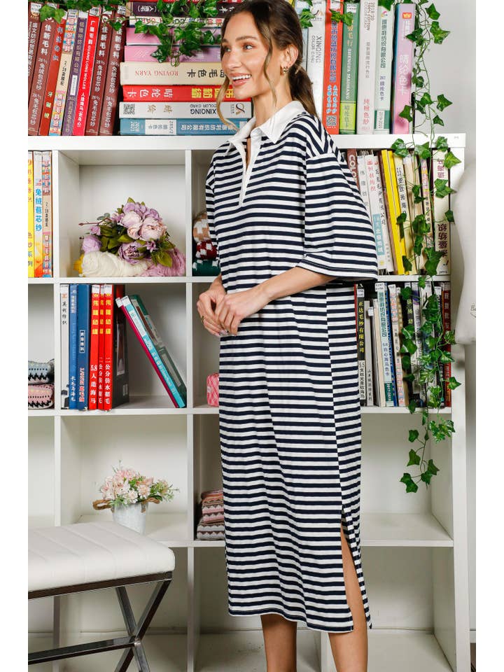 Navy Collared Drop Shoulder Striped Printed Polo Dress VD82307 for wholesale on Faire14