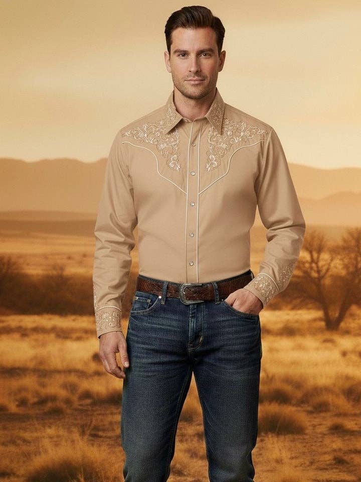 Texas Cowboy Khaki Ivoor Shirt voor wholesale door Cielito Lindo