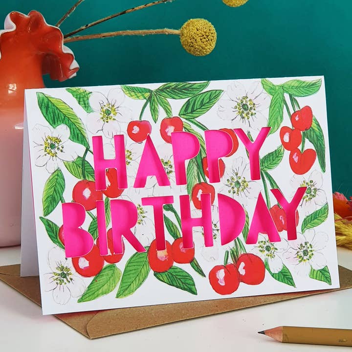 Neon Cherries Paper cut Birthday Card for wholesale by Miss Bespoke Papercuts