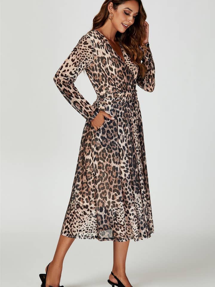 Leopard Print Mesh Midi Dress In Brown for wholesale on Faire4