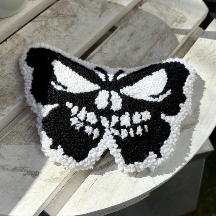Halloween Coaster, mug rug, butterfly skull, punch needle for wholesale by Megan Ceron Designs