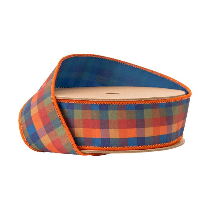 Dupioni câblé 1 1/2" | Carreaux d'automne bleu/orange avec doublure bleue | Bobine de 10 yards pour la vente par LA Ribbons Wholesale