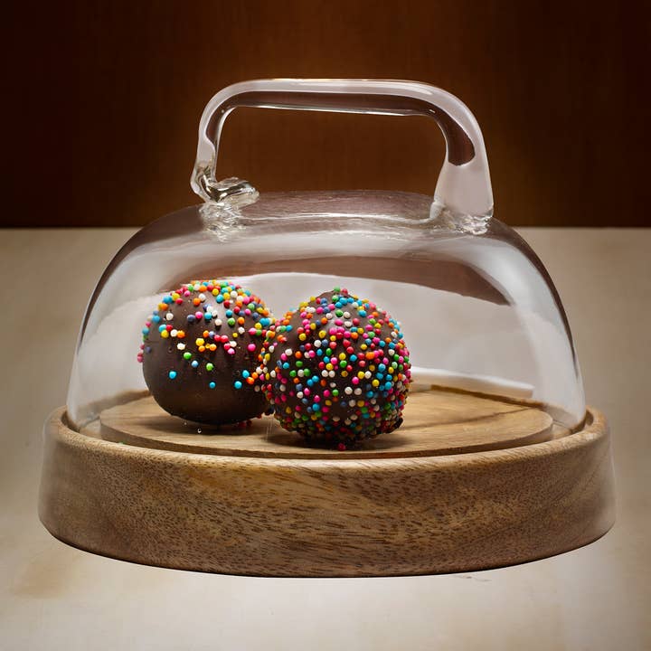 Glass Cloche with Wooden Base – Small Dessert Server for wholesale by Indriya Home