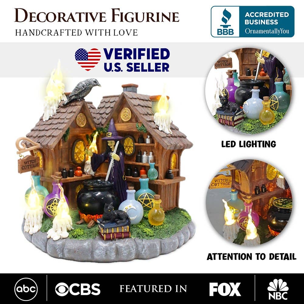 OrnamentallyYou - Wholesale Decoratief beeldje - Verlicht beeldje van Enchanted Witch Cottage, 10" LED Halloween 1