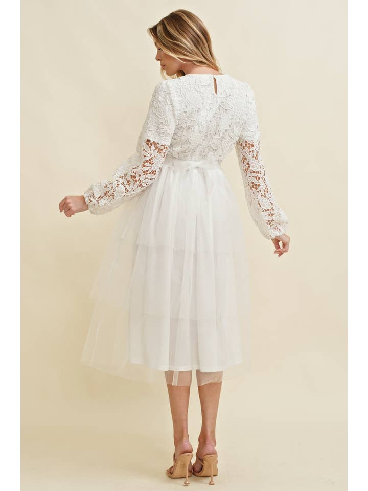 White CD15047J - LACE LONG SLEEVE TULLE MIDI DRESS for wholesale on Faire