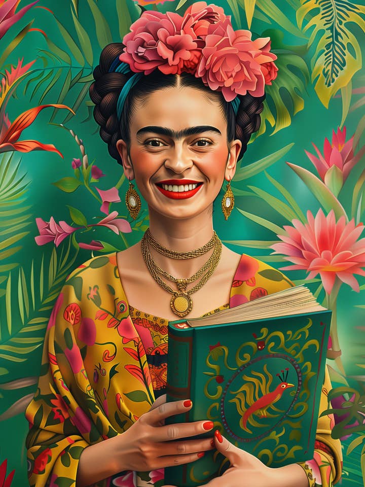 Frida Kahlo: Frida Kahlo with book | Kaart Fripperies for wholesale by Fripperies