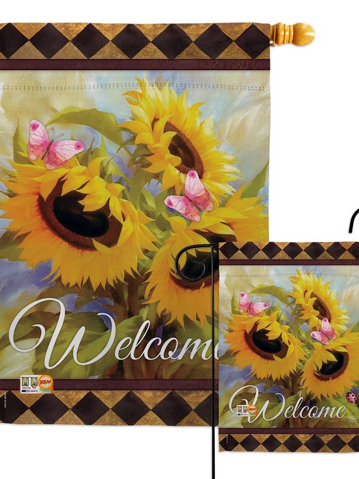 Flag Velkommen Solsikke Forår Blomster Sommerfugl Have Hus for engroshandel hos Two Group Flag Co