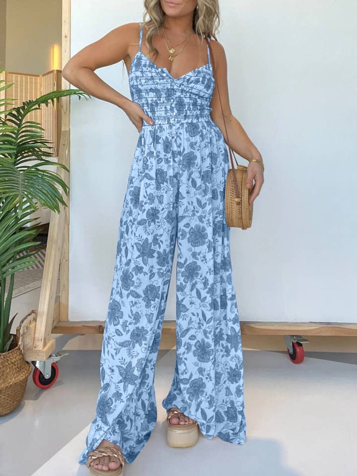 Rosa Clothing - Wholesale Jumpsuit - Women's - Fashionable Floral Print Suspender Wide-Leg Jumpsuit