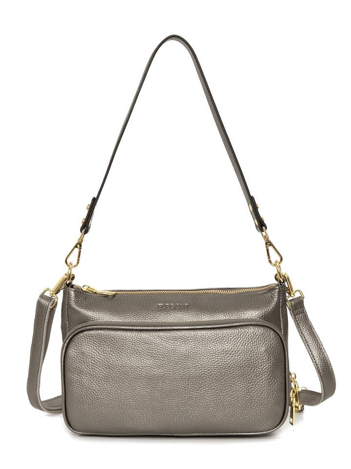 FELICITY LEATHER XBODY BAG- E1-0814A-PEWTER for wholesale by Serenade Beverly Hills Collection