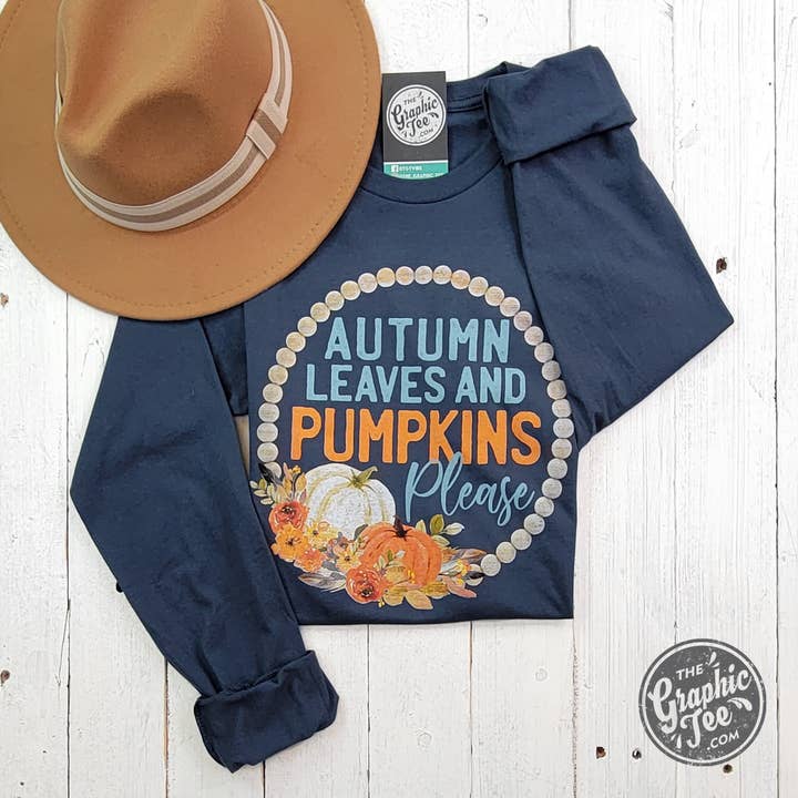 *WHOLESALE* Autumn Leaves and Pumpkins Please Vintage Navy Long Sleeve Tee for wholesale on Faire1