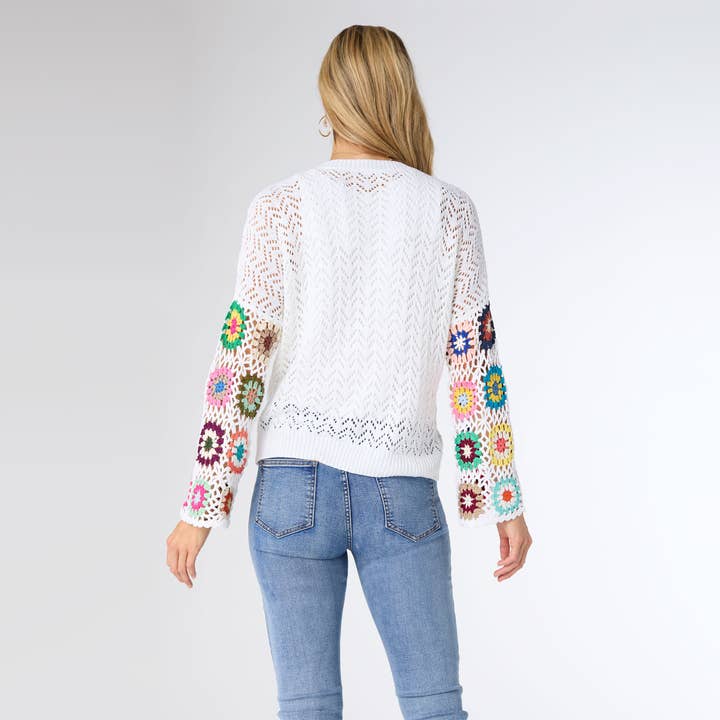 White Edie Lightweight Sweater with Crochet Sleeve for wholesale on Faire