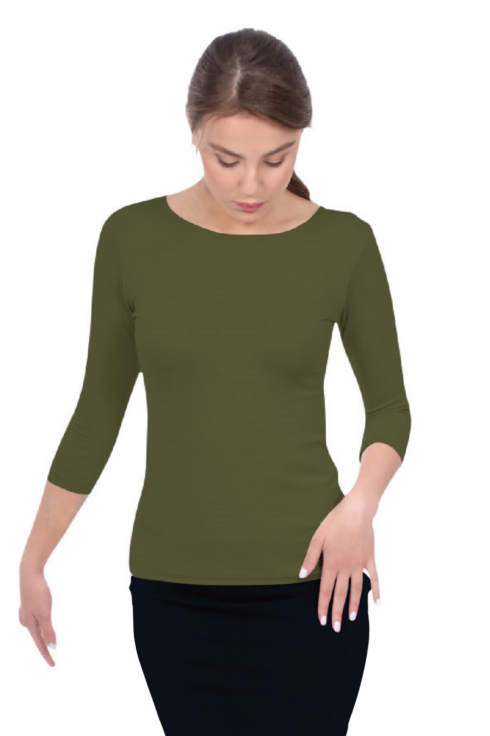 Kosher Casual - Wholesale T-Shirt - Women's - Fitted 3/4 Sleeve Layering Shell - High Round Neckline Slim-Fit Undershirt4