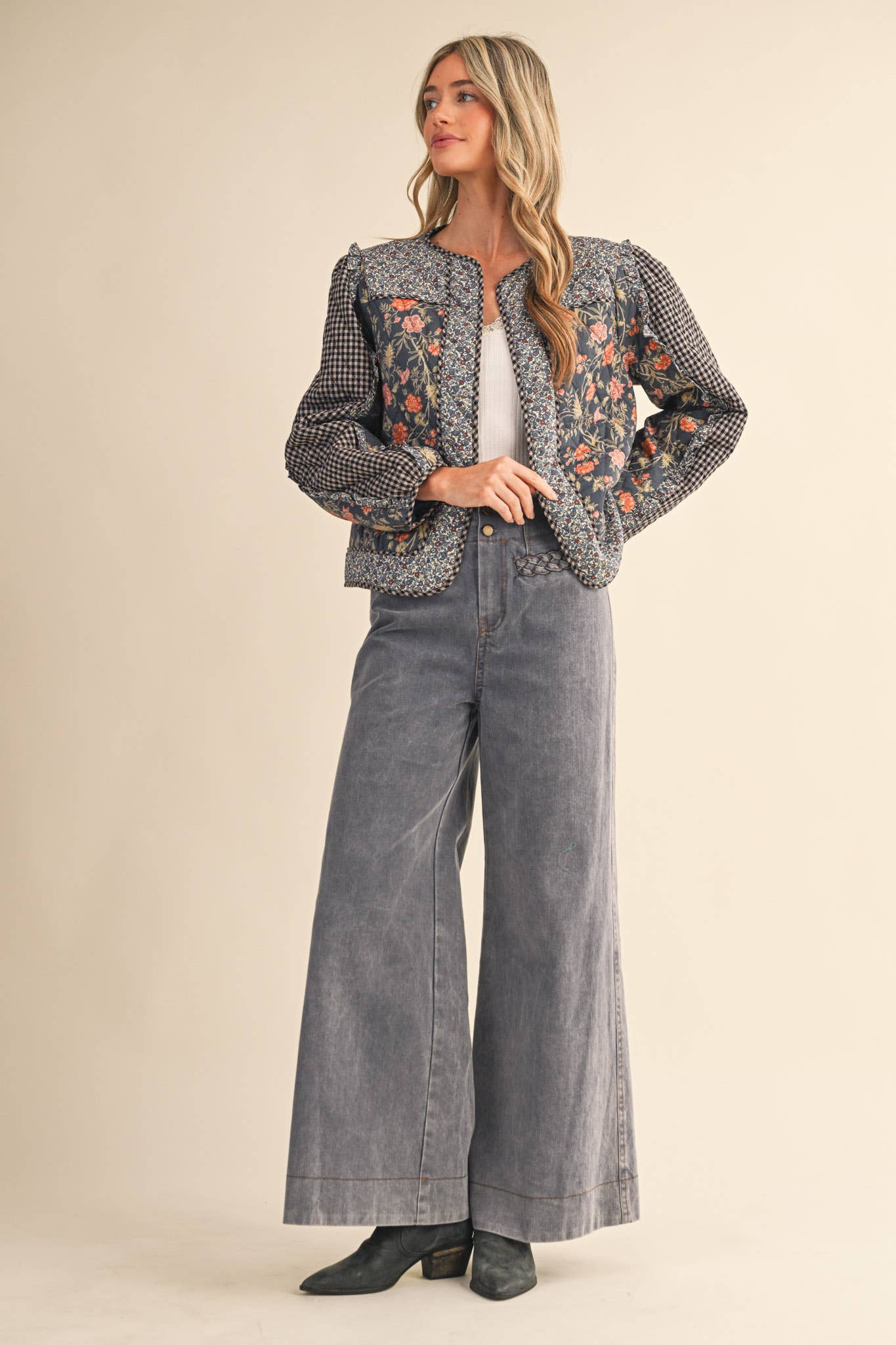 BURGUNDY MULTI MIXED PRINT QUILTED JACKET WITH RUFFLE TRIM MJK4531 for wholesale on Faire20