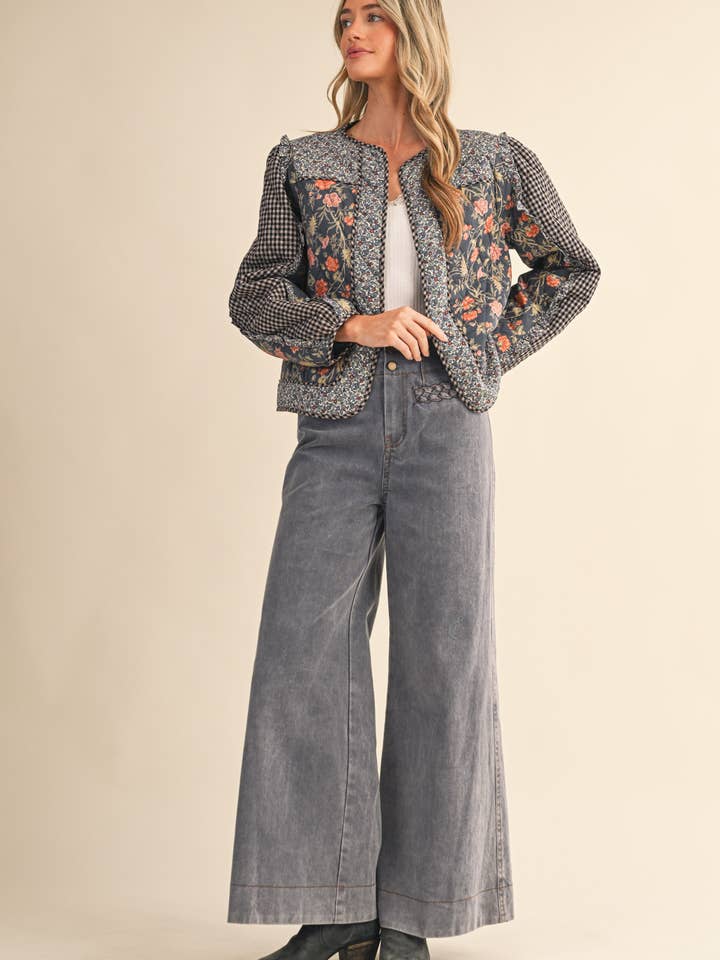 BURGUNDY MULTI MIXED PRINT QUILTED JACKET WITH RUFFLE TRIM MJK4531 for wholesale on Faire20