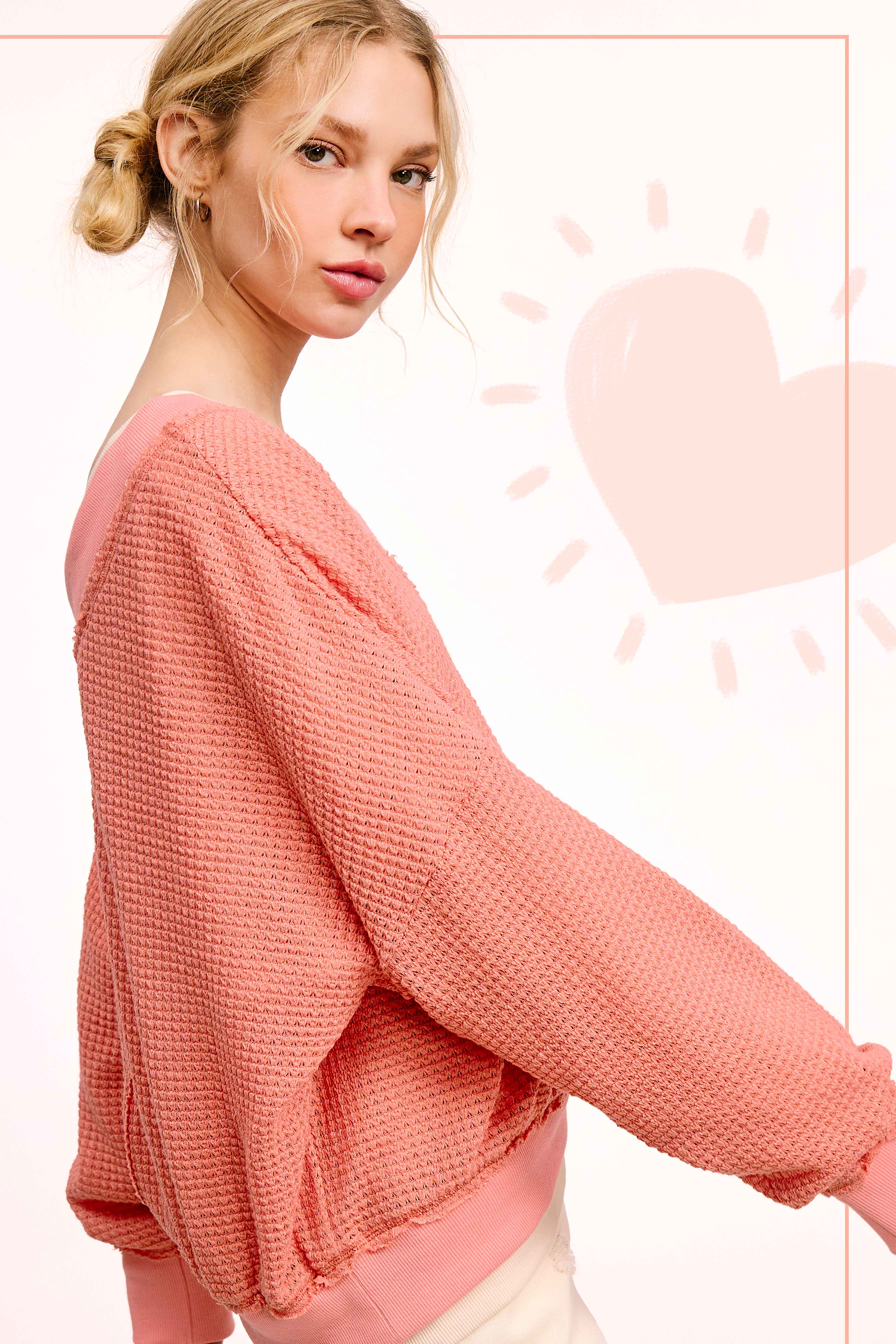 La Miel – Großhandel Strickoberteil – Damen – JLT7410-Langarmshirt mit Waffelstruktur und V-Ausschnitt in lockerer Passform18