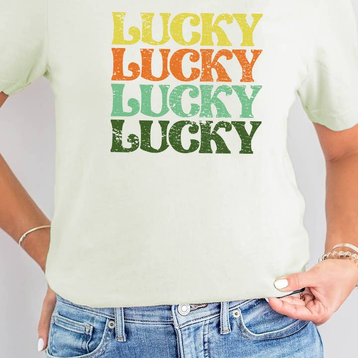 Lucky Retro, Vintage, St Patricks Day Green Tones, Irish Tee for wholesale by Kissed Apparel