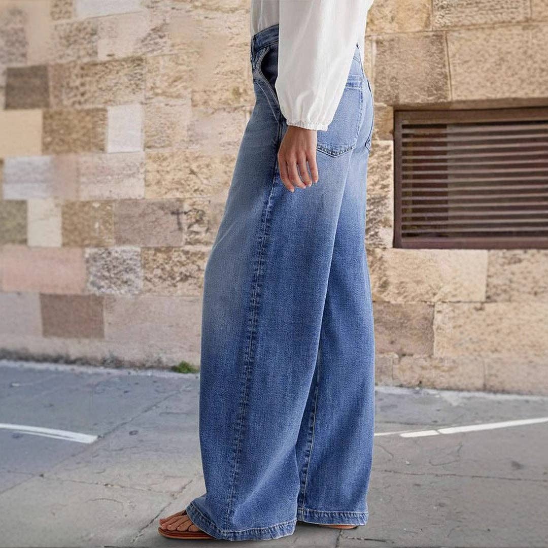 bleu Jeans décontractés à jambes larges et droites pour femmes en vente sur Faire2