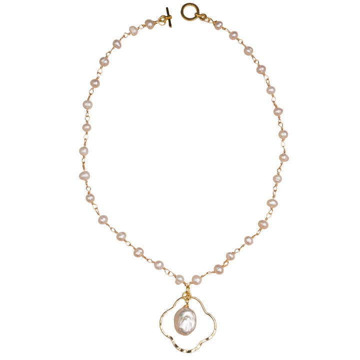 Pearl Chain, Gold Clover & Baroque Pearl Necklace for wholesale by ali & bird jewelry