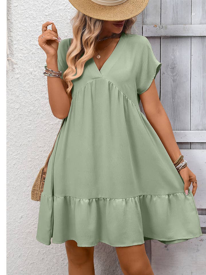 Abito a maniche corte con scollo a V arricciato MD249 per la vendita all'ingrosso da parte di UNISHE