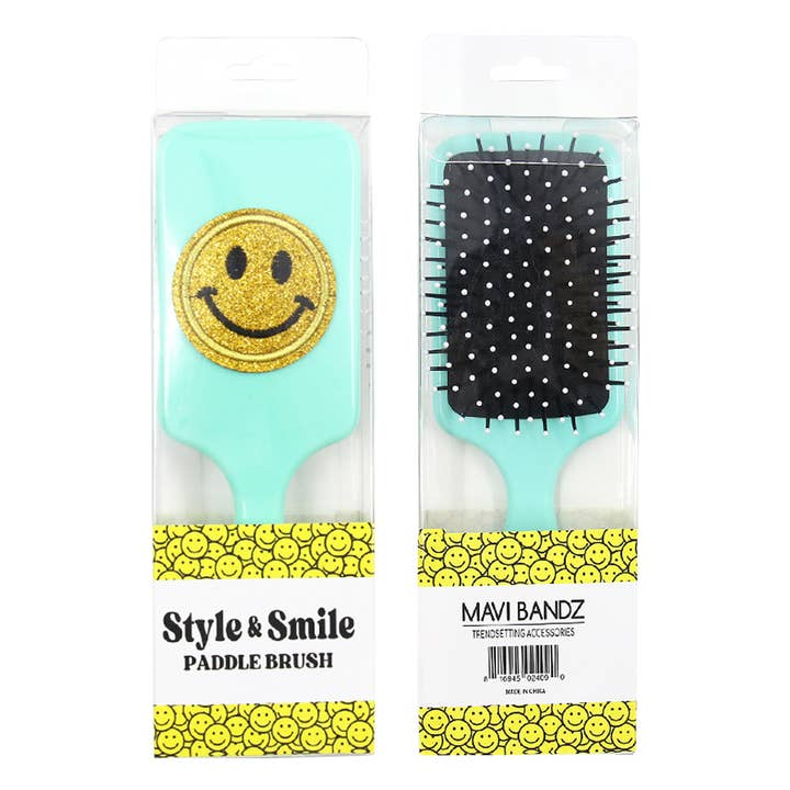 Mavi Bandz - Wholesale Hair Brush/Comb - Varsity Glitter Smiley Face Large Bright Paddle Hair Brush1