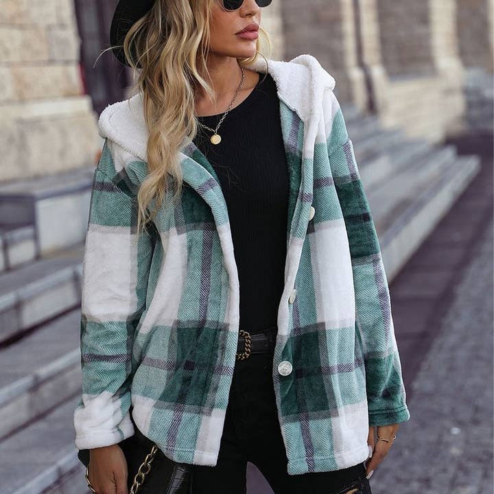 Long Sleeves Hooded Single Breasted Plaid Casual Outerwear for wholesale by kycozy