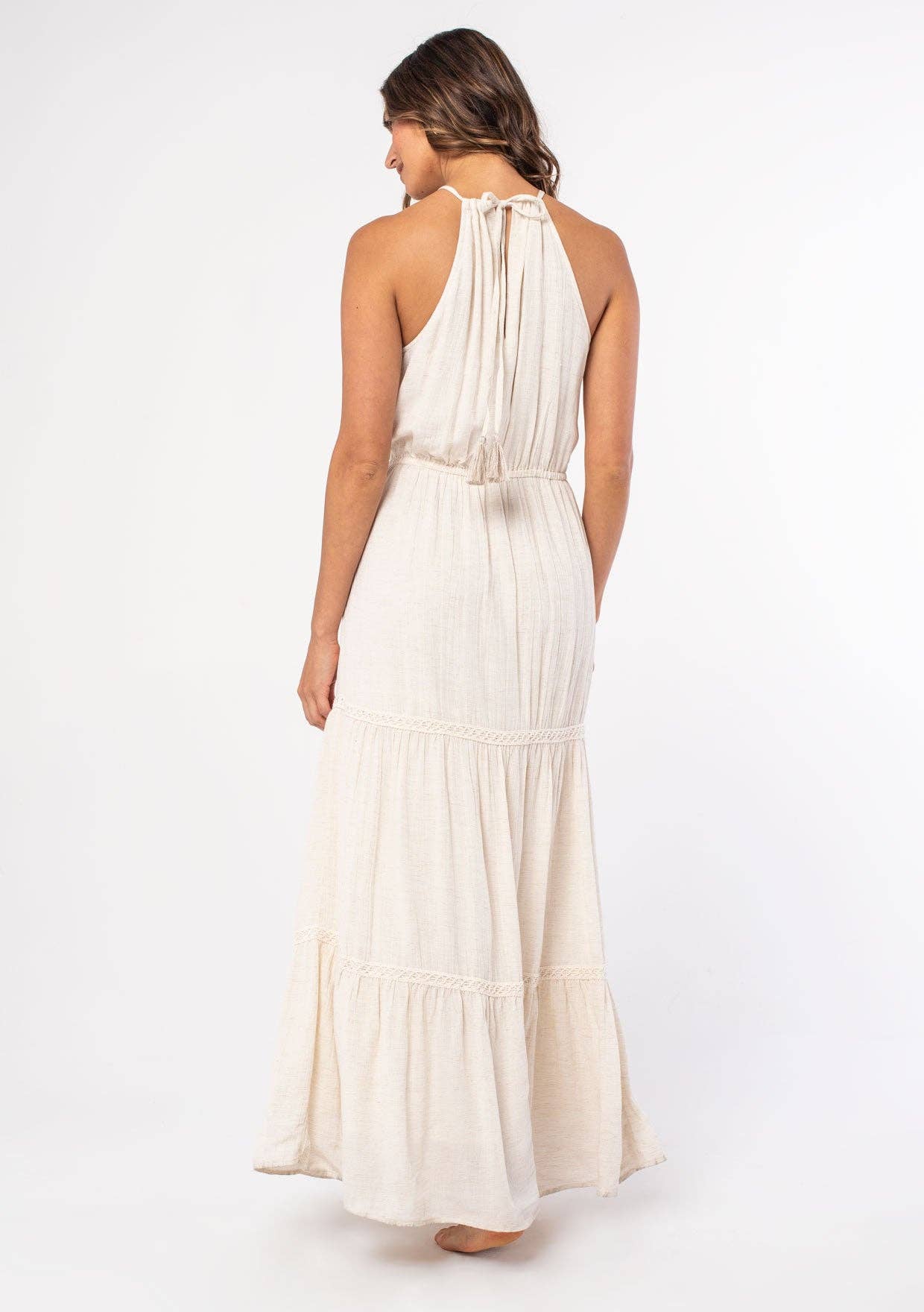 Lovestitch - Wholesale Dress - Women's - Linen Blend Embroidered Halter Tiered Maxi Dress3