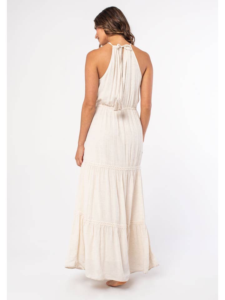 Lovestitch - Wholesale Dress - Women's - Linen Blend Embroidered Halter Tiered Maxi Dress3