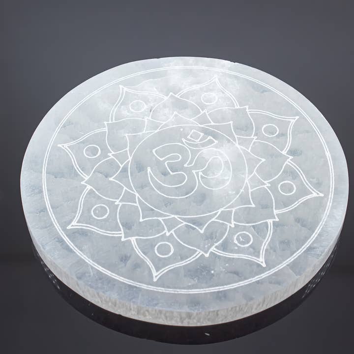 Quasar Gems USA - Wholesale Crystal Charging Plate - Selenite Engraved Round Om Lotus Charging Plate 14cm1