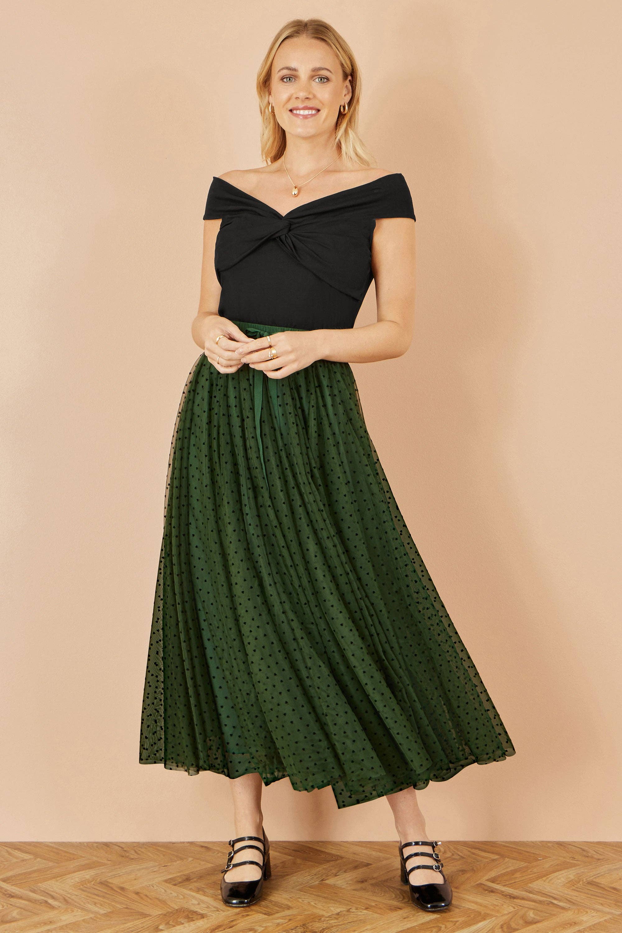 Yumi Green Mesh Heart Print Tulle Skirt for wholesale on Faire