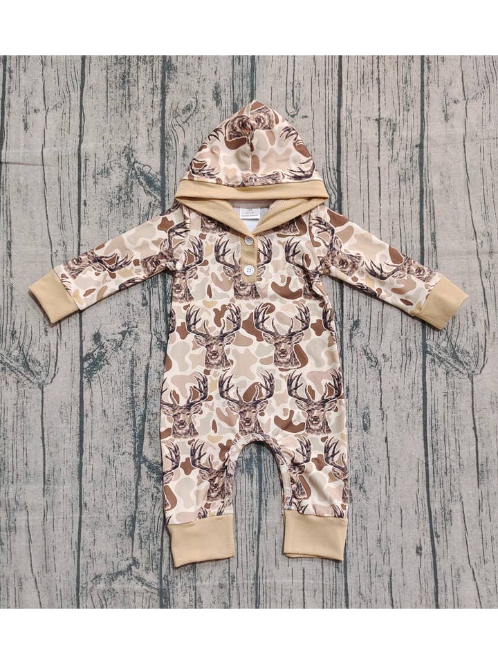 Aier Wholesale - Wholesale Jumpsuit - Baby - Baby Boys Khaki Camo Deer Button Hoodie Hunting Rompers1