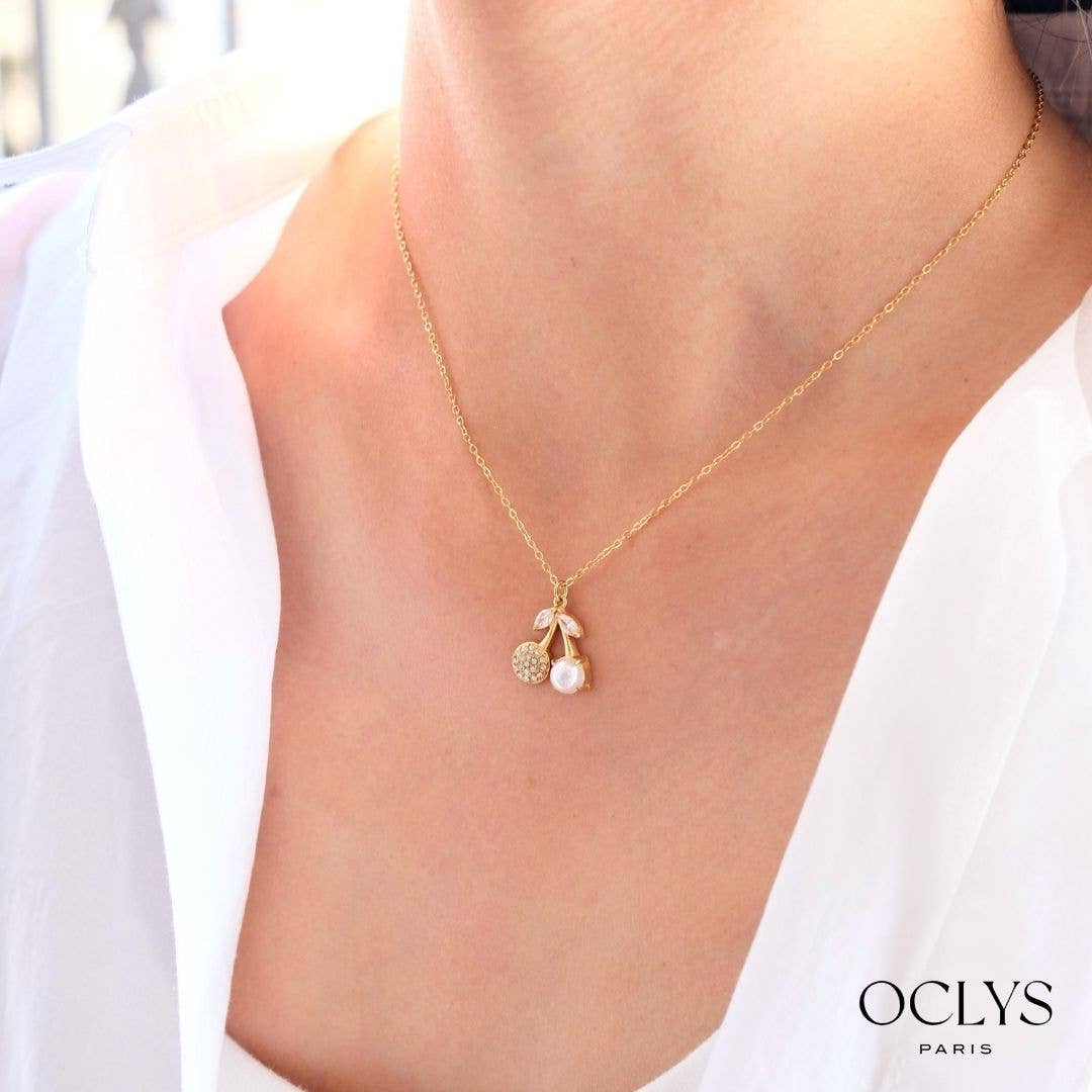 Oclys - Wholesale Pendant/Charm Necklace - Fine cherry chain necklace with rhinestone pearl in stainless steel Cel2