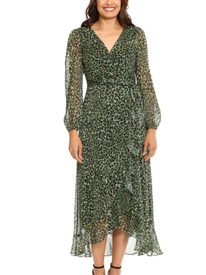 London Times Animal Print Faux-Wrap Midi Dress for wholesale by New Yorker's Apparel