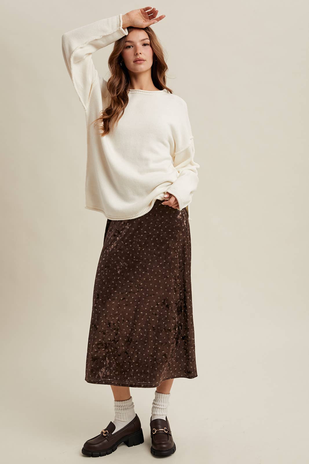 BROWN VELVET DITSY FLORAL MIDI SKIRT / WL25-11136 for wholesale on Faire3