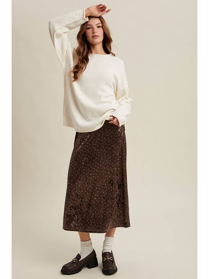 BROWN VELVET DITSY FLORAL MIDI SKIRT / WL25-11136 for wholesale on Faire3