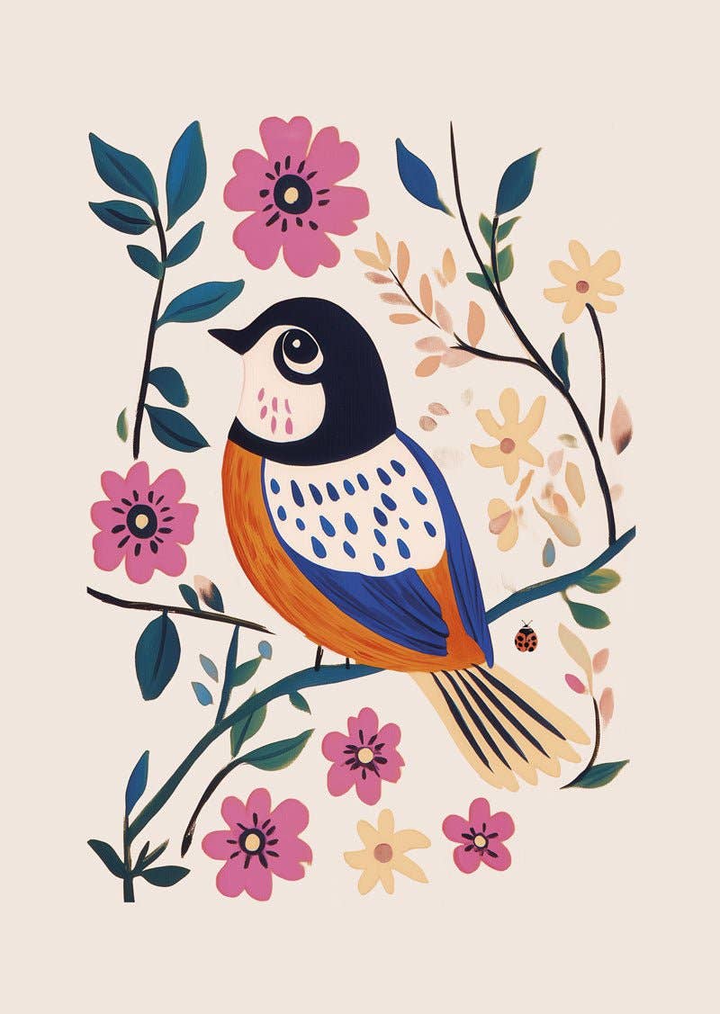 MokaMouse - Wholesale Art Print - Chickadee with Pink Flowers - Folk Art Poster0