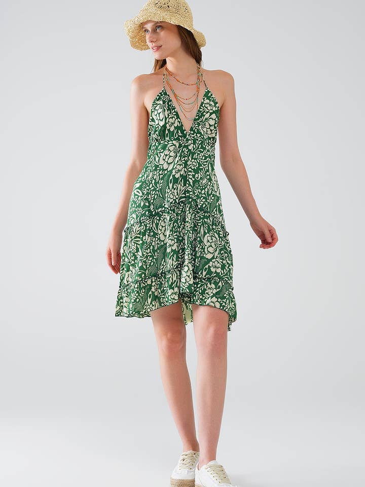 Vert Robe courte style bohème en satin avec imprimé floral en vente sur Faire3