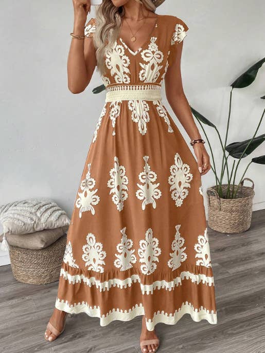 Rosa Clothing - Wholesale Dress - Women's - Boho Ethnic Print Ruffled Sleeve V-Neck Dress