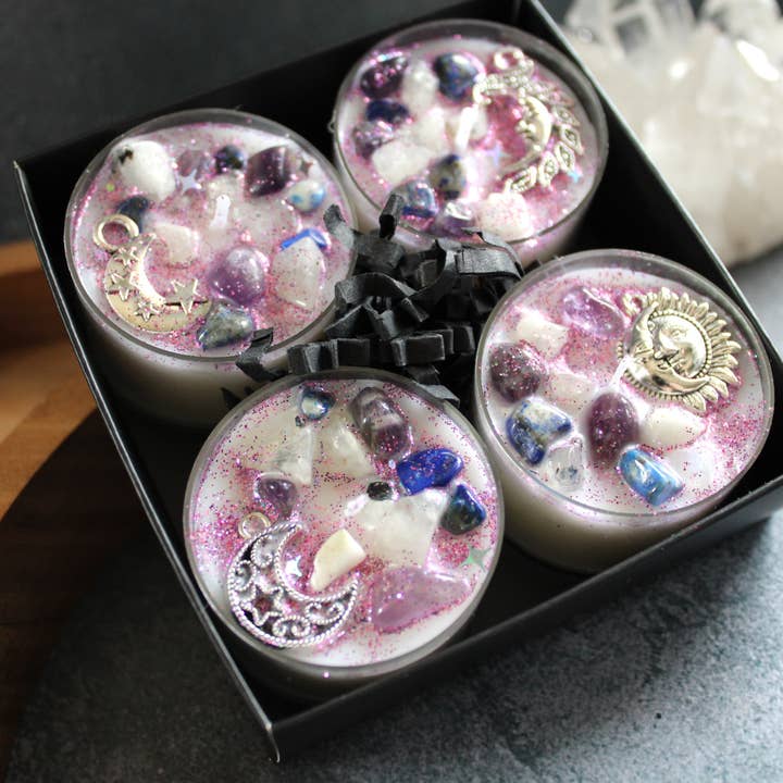 Moondust and Raven - Wholesale Tea Light Candles - Moon Magick Tealight Crystal Candles, Ritual Candles