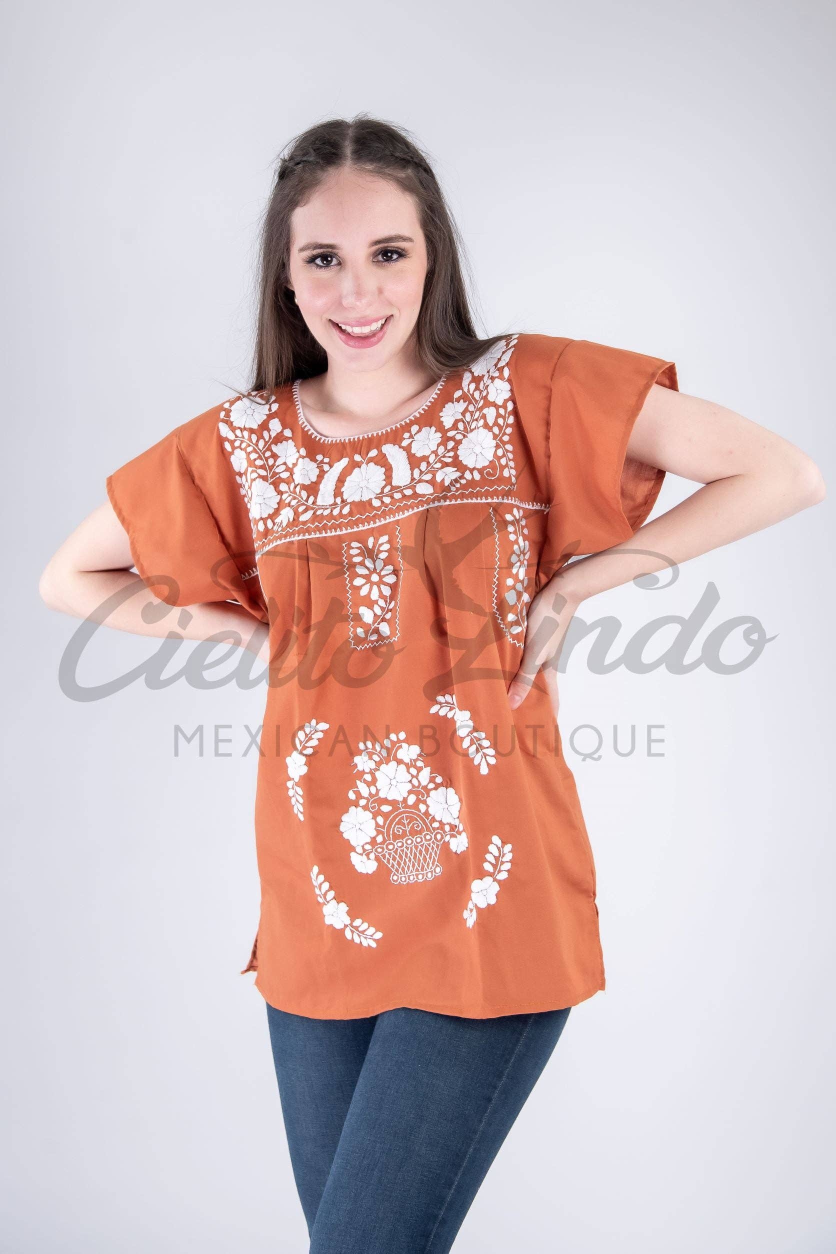 Burnt Orange Mexican Blouse Full Embroidered Texas Longhorns for wholesale on Faire4