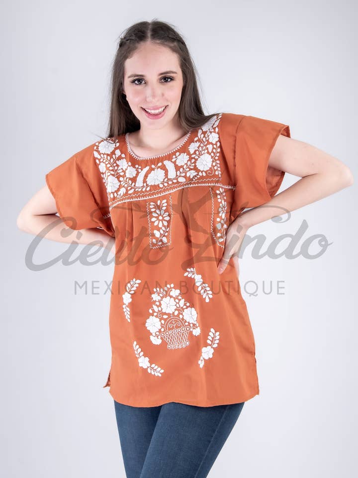 Burnt Orange Mexican Blouse Full Embroidered Texas Longhorns for wholesale on Faire4