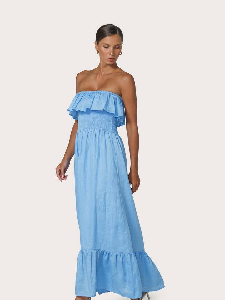 Robe Pari Maxi en lin en Neu Bleu pour la vente par Lusana