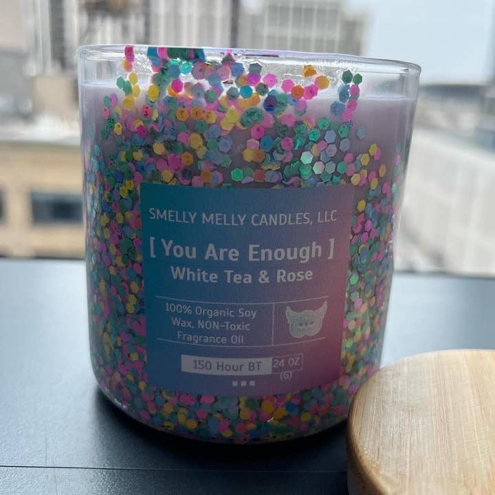 You Are Enough White Tea & Rose Scented Soy Candle for wholesale by Smelly Melly Soaps and Candles, LLC