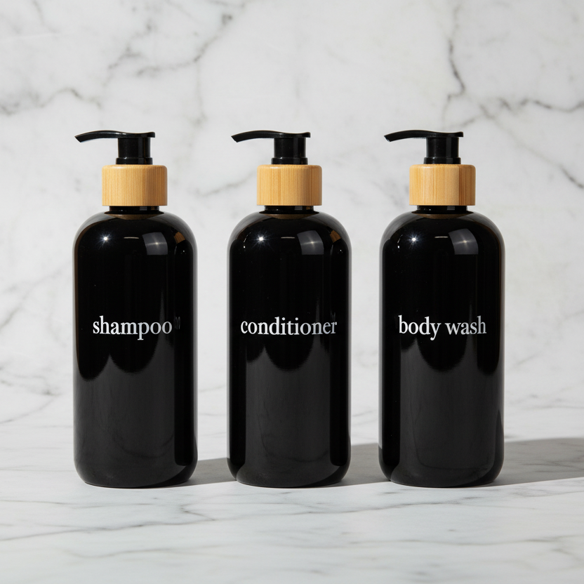 Joie Designs Co. | Refillable Bottles - Wholesale Soap Dispenser - Black Shampoo Dispenser Sets | Black Bottles | Bamboo or Black Plastic Pumps0